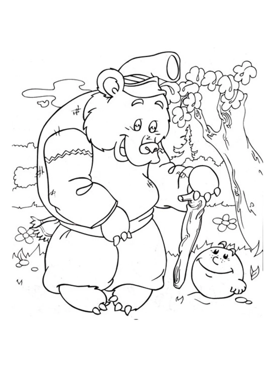 Распечатать картинку колобок. Колобок раскраска для детей. Раскраска Колобок и медведь. Медведь из колобка раскраска для детей. Сказки-раскраски. Колобок.