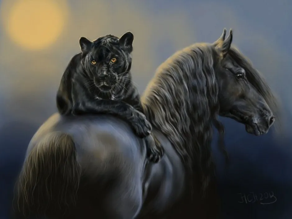 Кошка лошадка. Черный конь. Лошади фэнтези. Лошадь и пантера. Картина лошади.