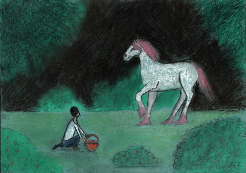 Композиция конь с розовой гривой. Астафьев конь с розовой гривой иллюстрации. Розовый конь иллюстрация. Розовый конь Астафьев иллюстрации. Конь с розовой гривой рисунок.