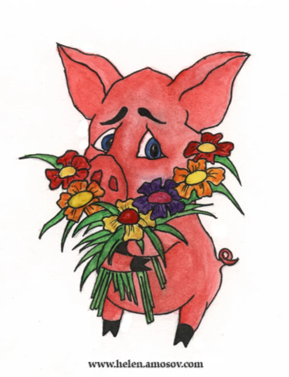 Свинка с цветами. Поросенок с цветочком. Свинья в цветах. Свинья с цветком.