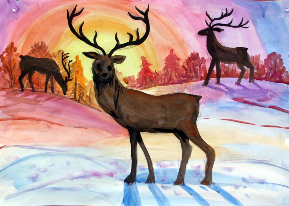 Круговорот оленей. Северный пейзаж с оленями. Рисование Северный олень. Тундра рисунок. Олень живопись для детей.