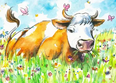 Корова на лугу рисунок